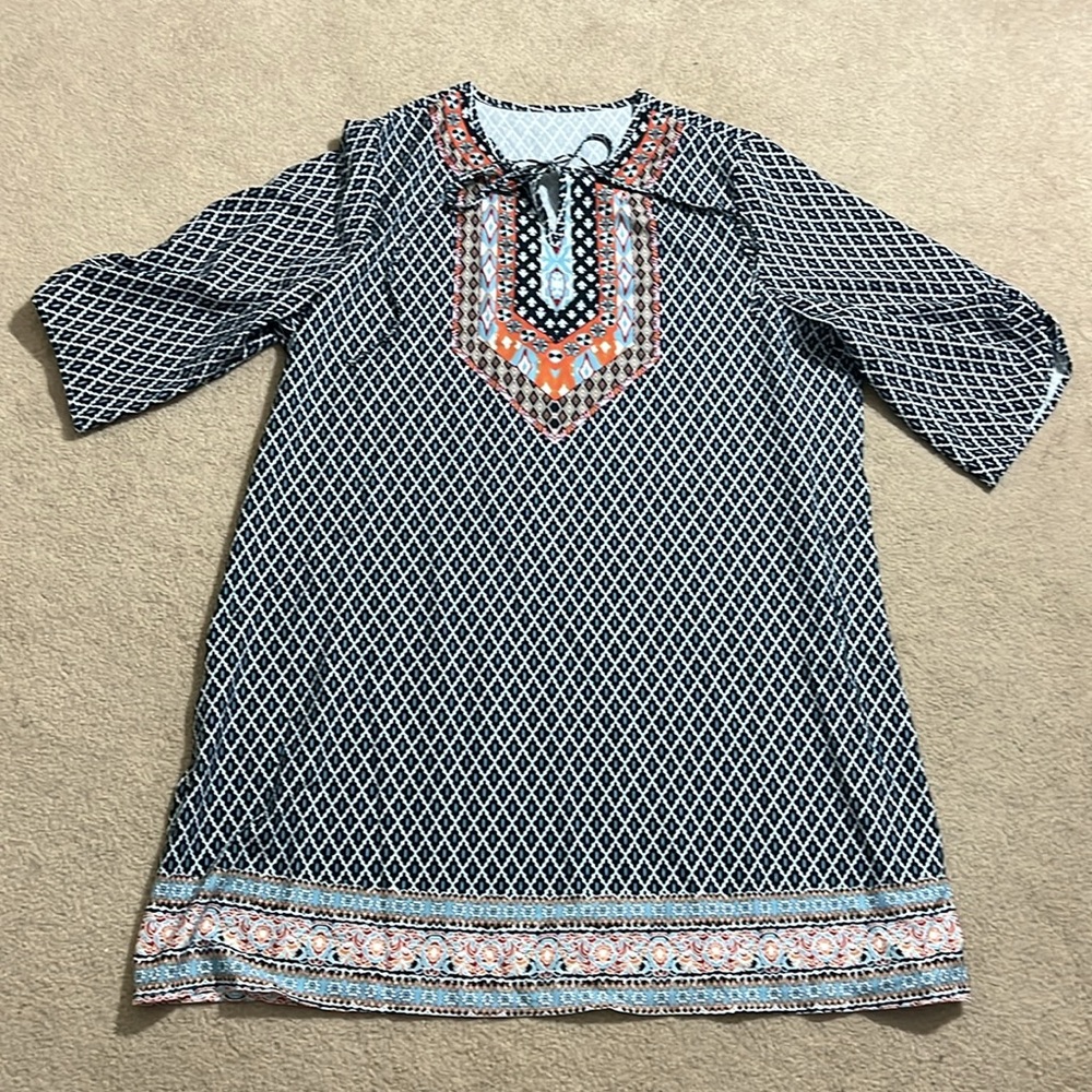 3XL Boho Tunic Dress – Printed Neckline – Navy/White/Multicolor, LIKE NEW - Picture 2 of 12